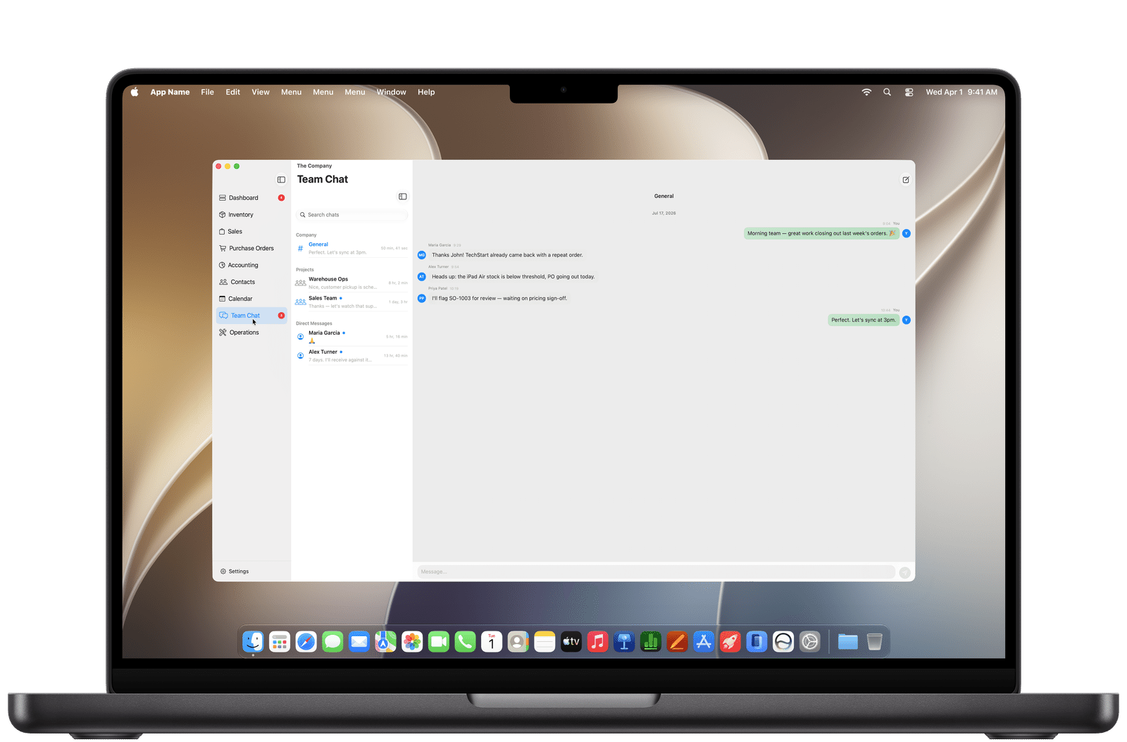 Team Chat with company channels, project groups, and direct messages